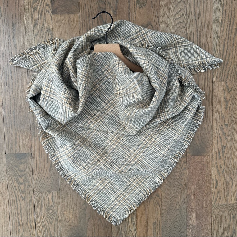 Eskandar Wool Oversized Plaid Fringed Scarf in Cream, Grey, Tan 47"square